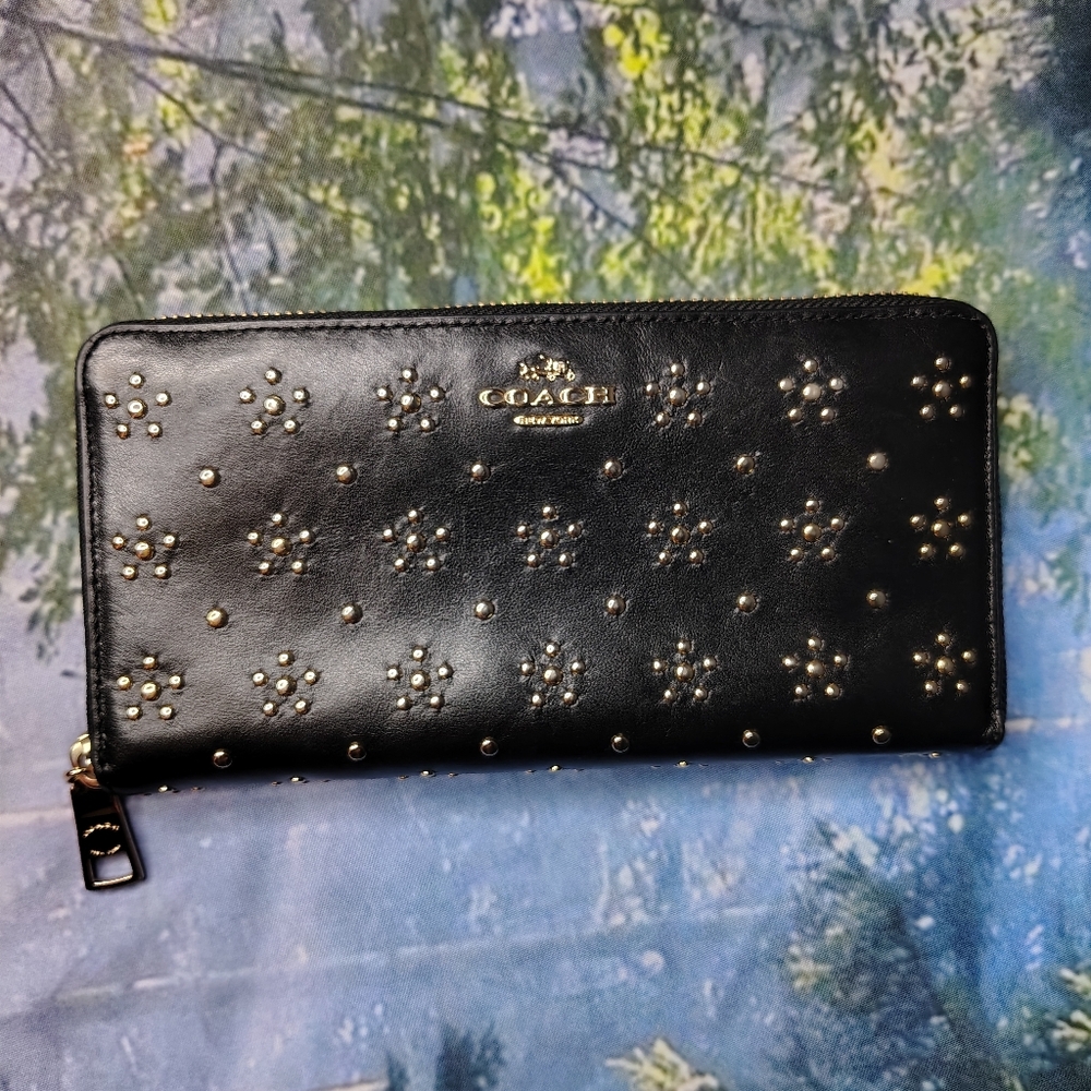 Coach New York Black Zip Around Accordion Wallet with Gold Studs NO CALLOUTS